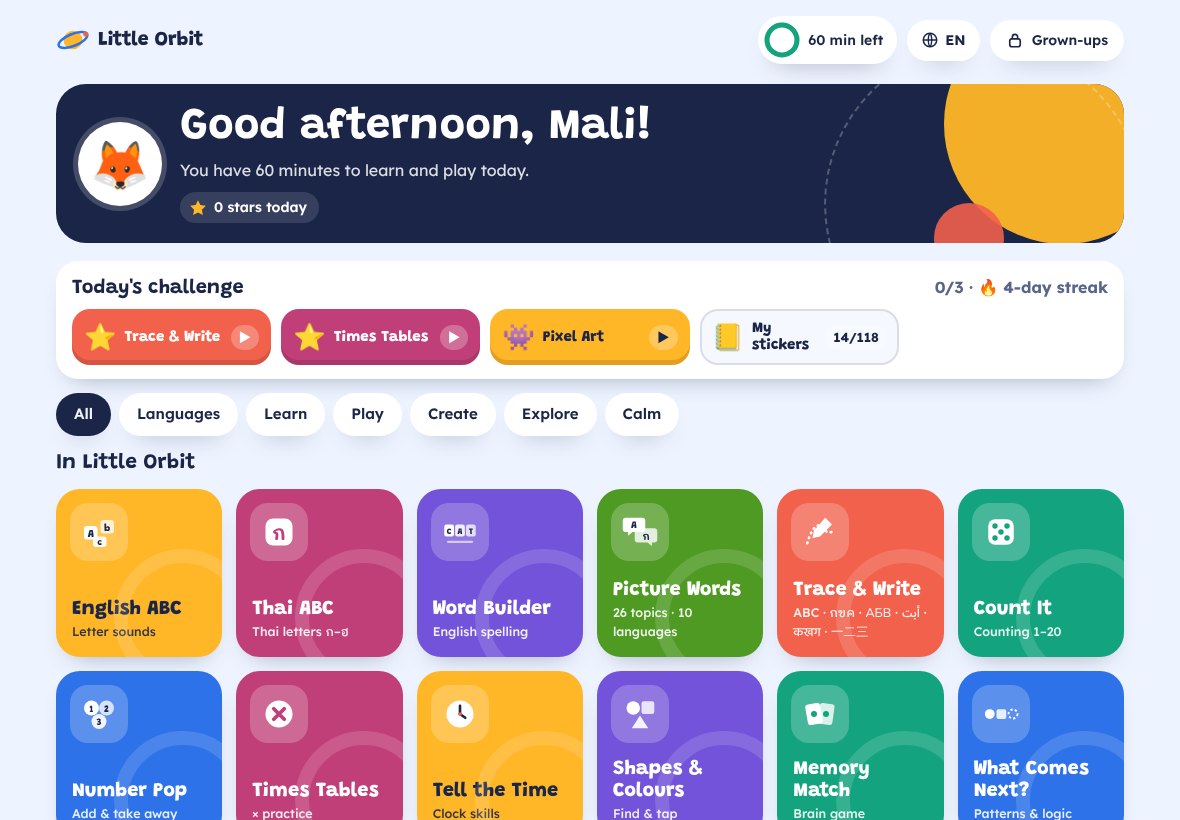 Little Orbit home screen with colourful learning game tiles